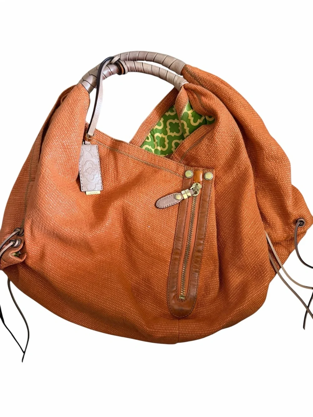 Yany Orange Leather & Textured Hobo Bag with Wrapped Handle